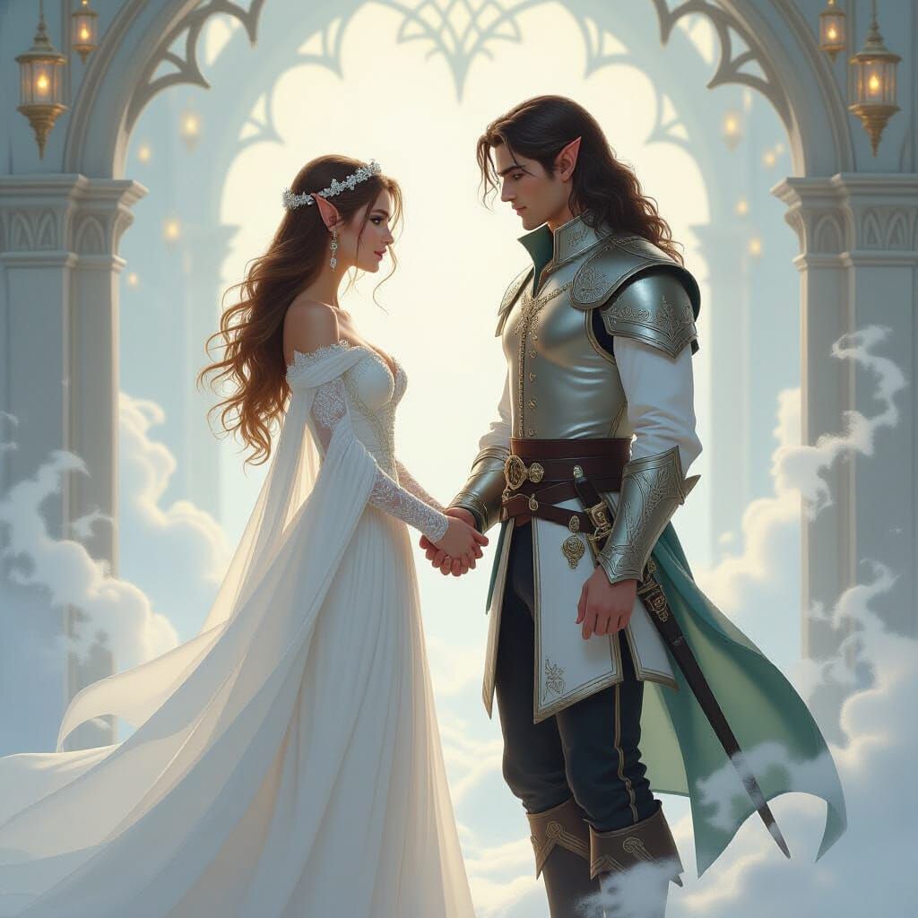 Elven Romance in Ethereal Mist: A Fantasy Scene