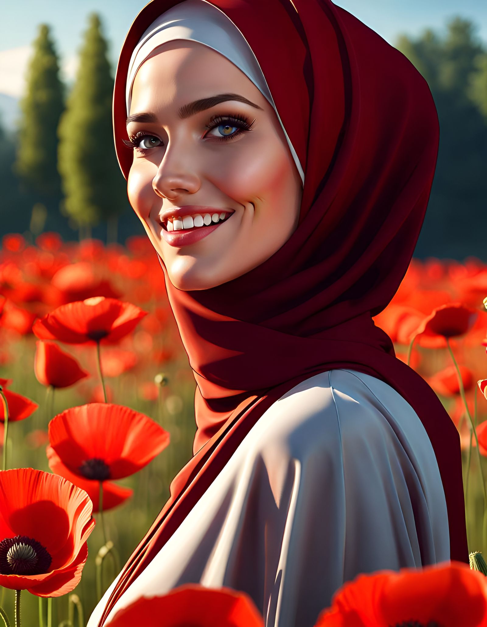 Modest Woman Smiling in Poppy Field: 8K Digital Art