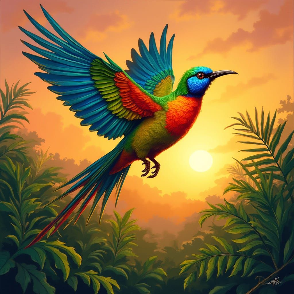 Quetzal in Flight: A Folk Art Inspired Scene
