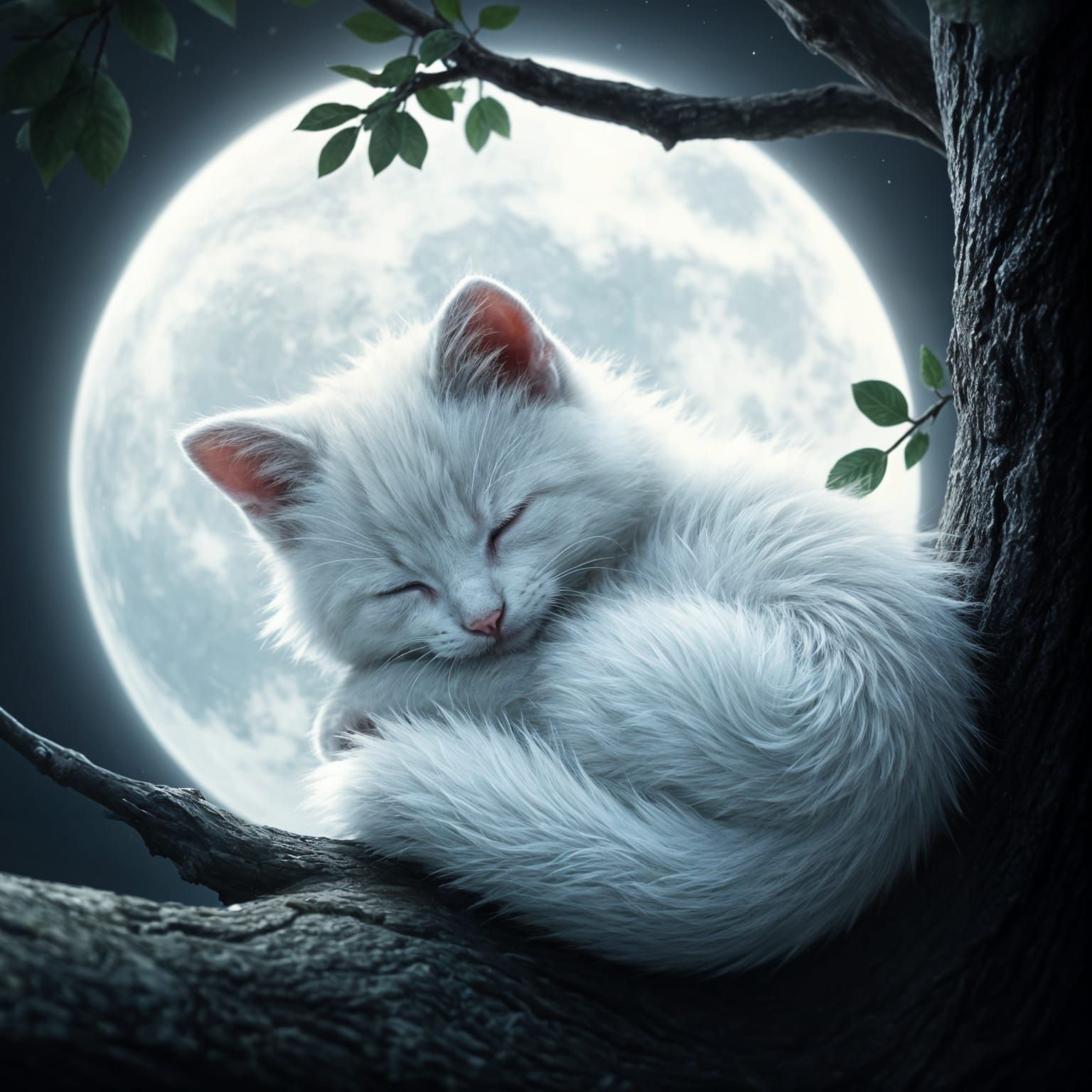 Fluffy White Kitten Under the Bright Moon