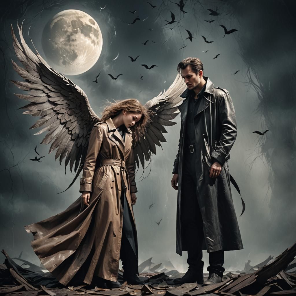 Comforting Fallen Angel in Moody Fantasy Scene