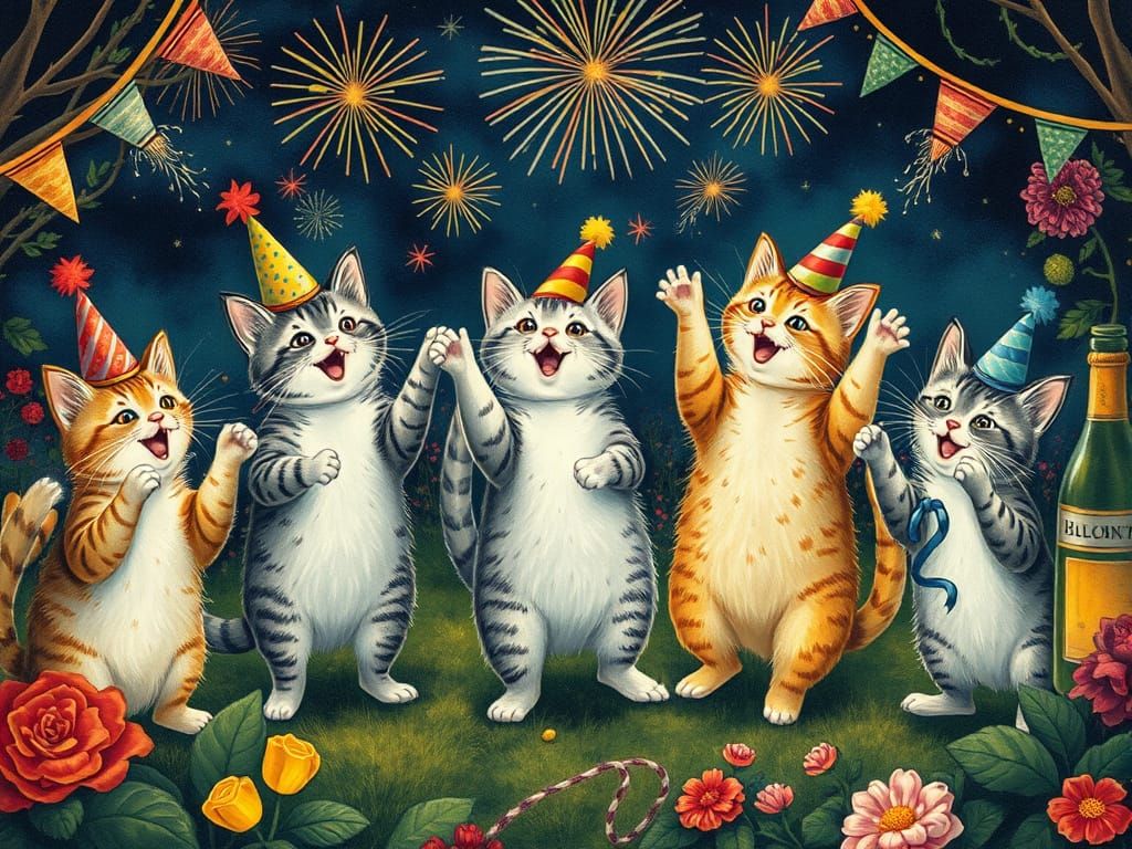 Festive Cats Celebrate in Whimsical Garden Style