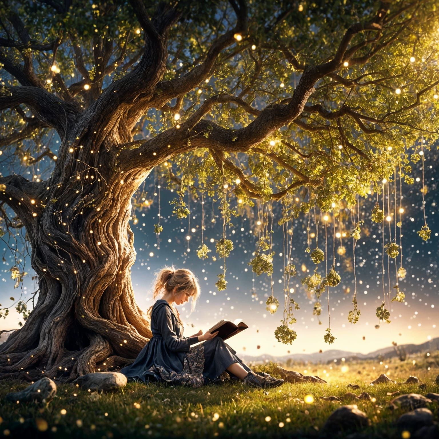 Person Reading Under Oak Tree in Ethereal Style