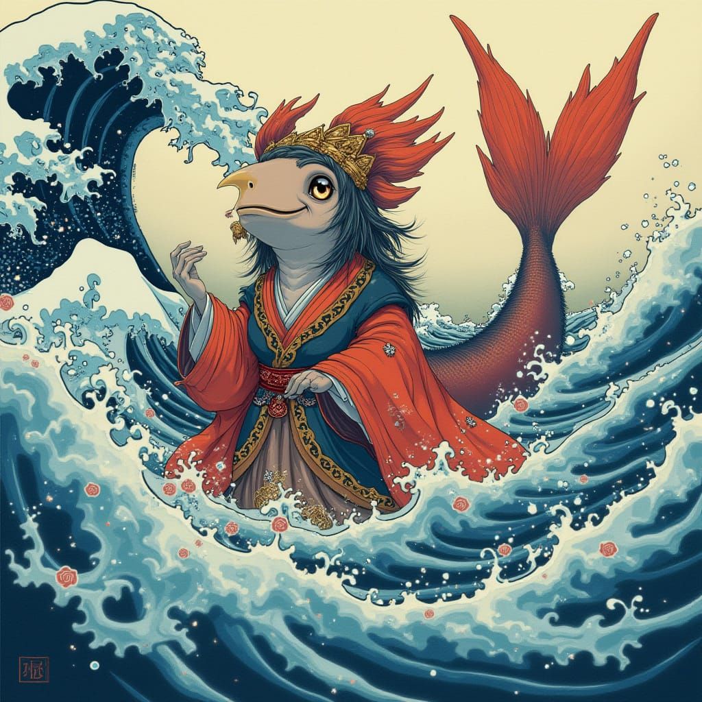 Amabie (アマビエ) is a legendary Japanese mermaid or merman with a bird beak-like mouth and three legs or tail-fins.