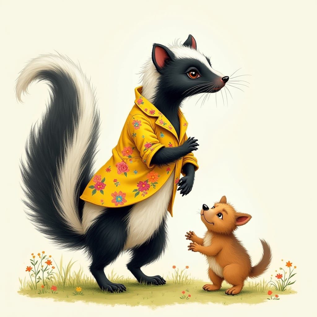 Skunk in Floral Suit Taunting Dog, Storybook Illustration