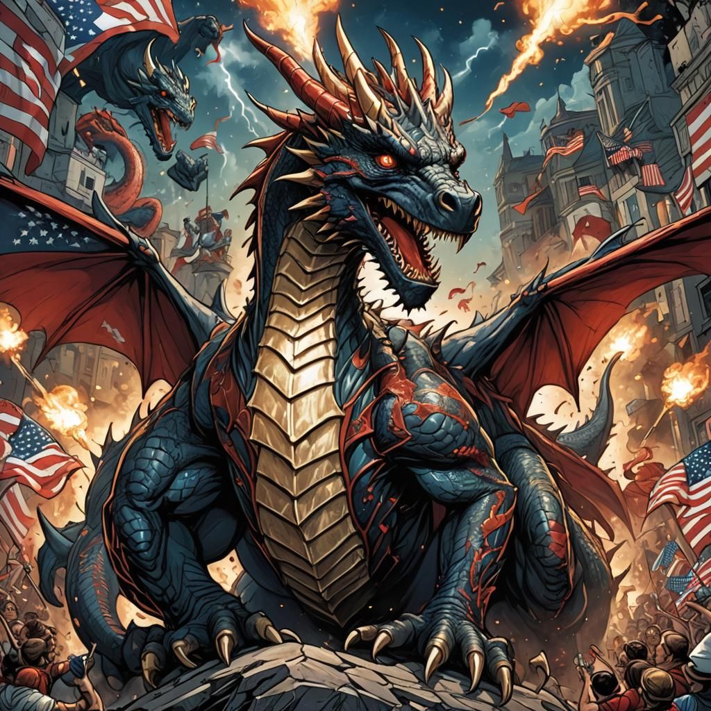 Fourth of July Dragon in Comic Book Style