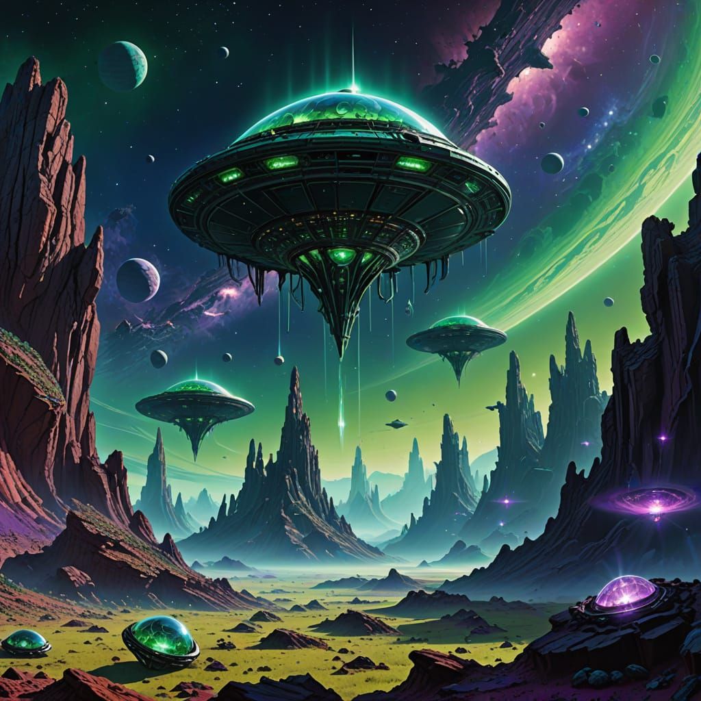 Surreal Alien Ships Over Crystal Planet