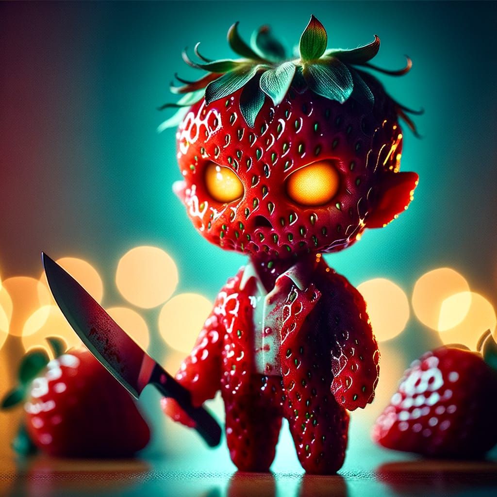 Undead Strawberry Chibi with Knife, Watercolour Painting