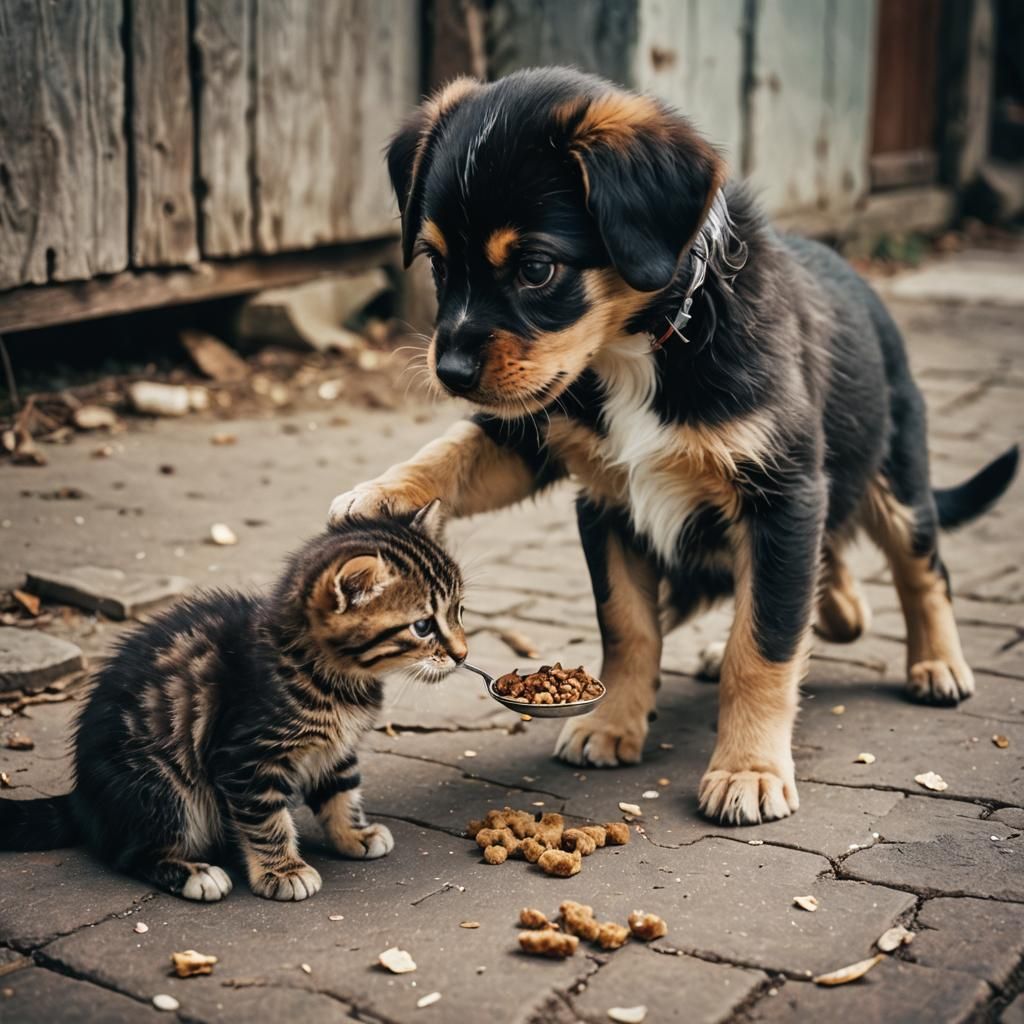 Puppy Feeding Kitten: A Cinematic Still