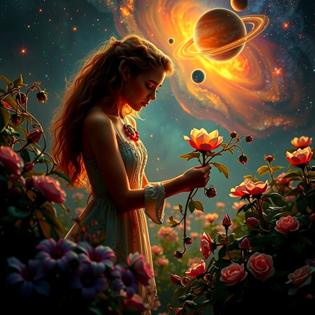 Cosmic Gardener in Nebula-Filled Celestial Garden