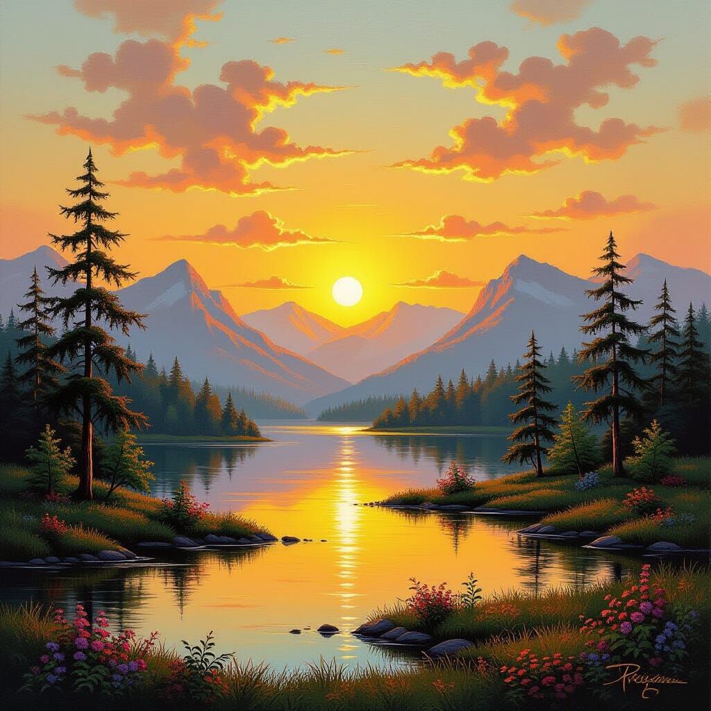 Golden Serene Landscape in Oil Painting Style