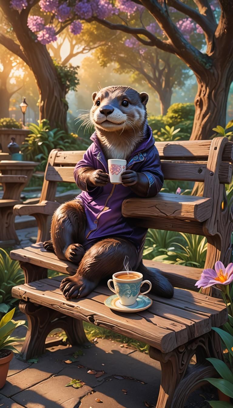 Baby Otter's Coffee Break: Whimsical Fantasy Art