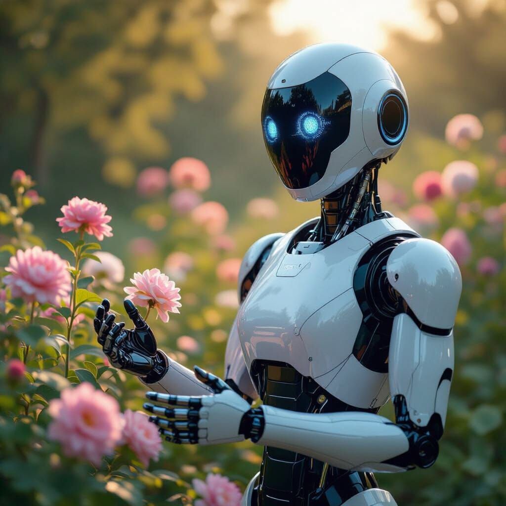 AI Robot in Garden Transforms While Smelling Flower