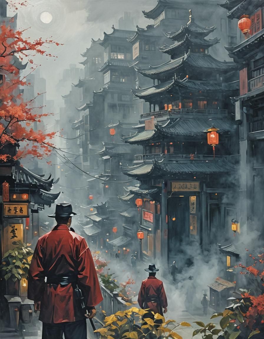 Noir Painting of Chinatown at Night