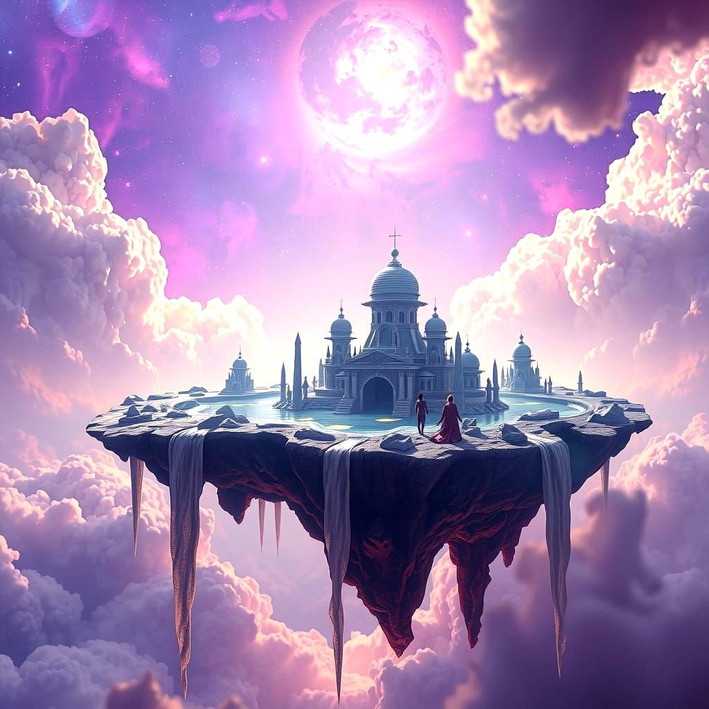 Floating Island Village in Nebula Sky