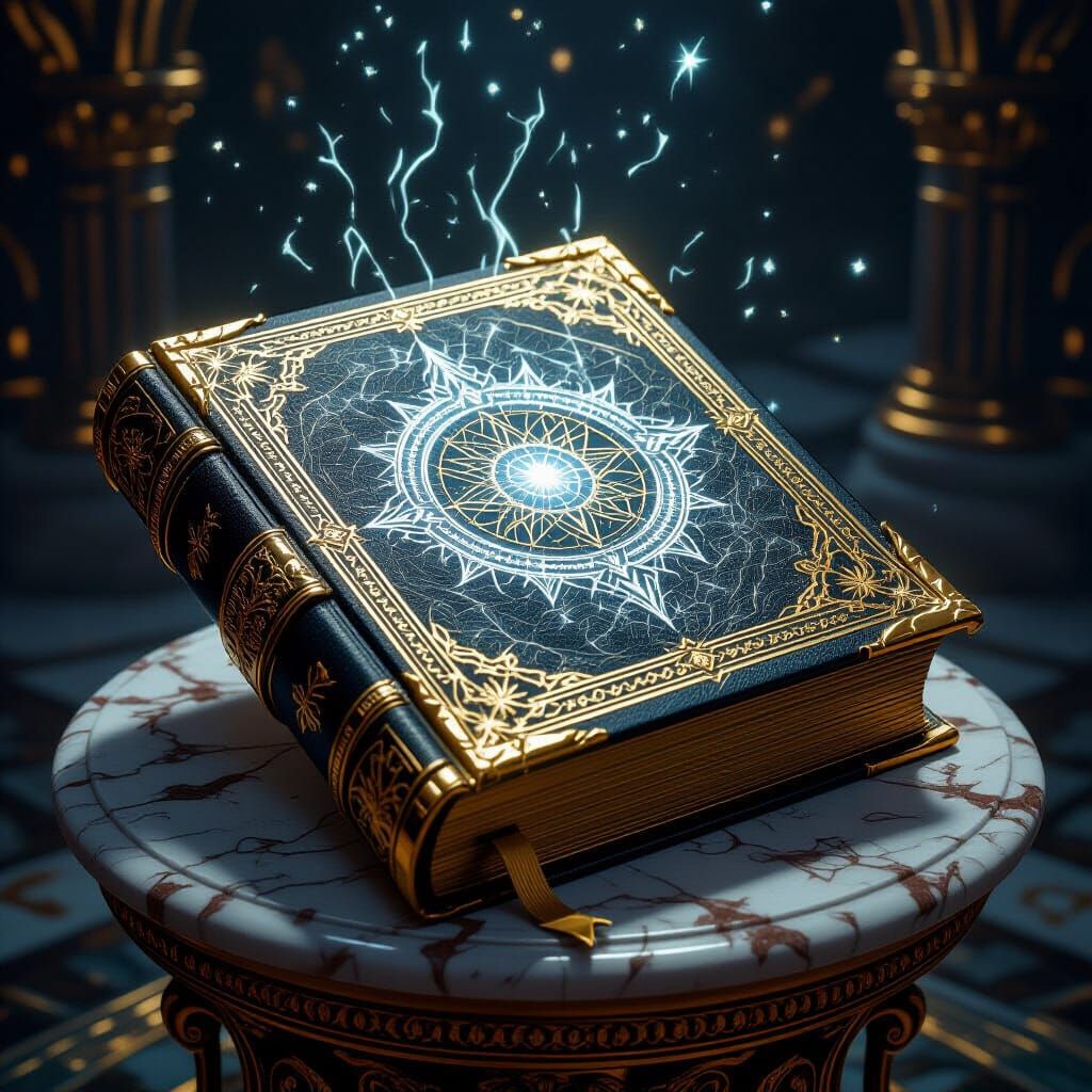 Glowing Ancient Magic Tome with Silver Runes