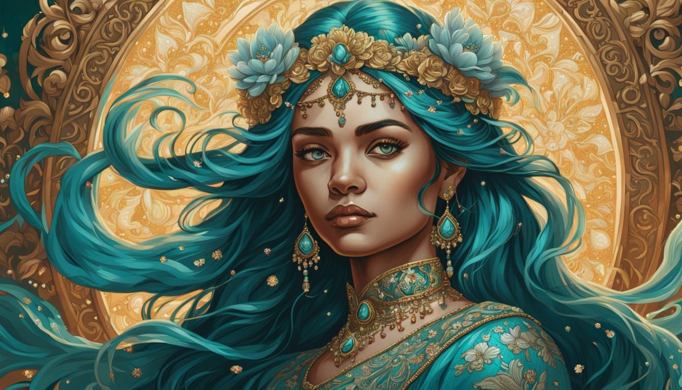 Regal Figure in Turquoise Dress: Comic Book Art