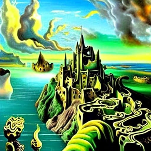 Dragon Flies Above Ruined City in Surreal Oil Painting