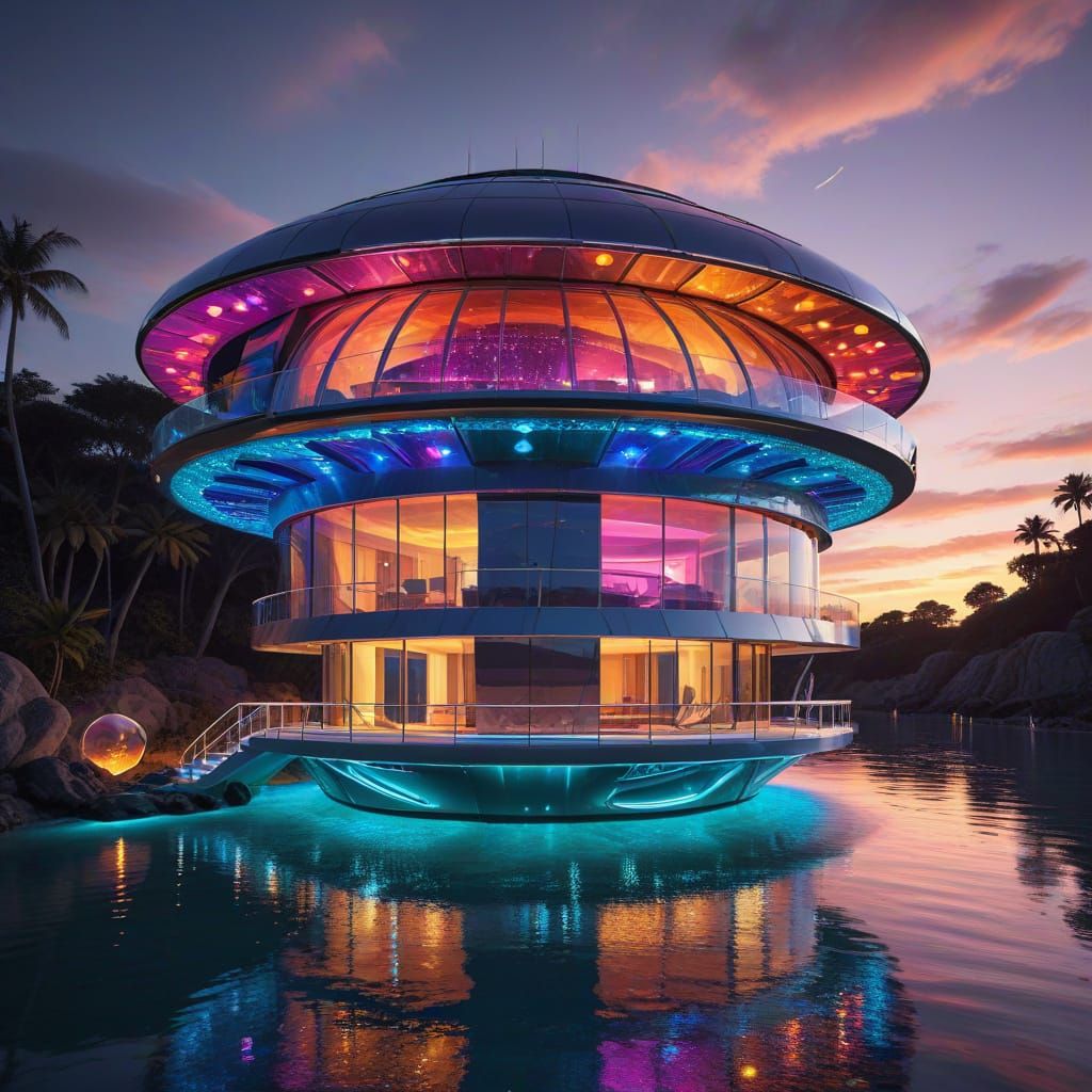 Levitating Futuristic House in Psychedelic Crayon Colors