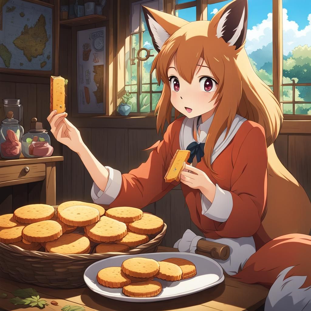 Anime Fox Girl Eating Biscuit, Studio Ghibli Style