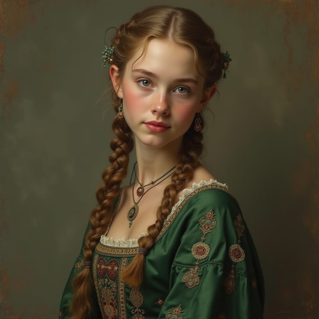Young Woman in Elegant Northern Dress, Serene Portrait