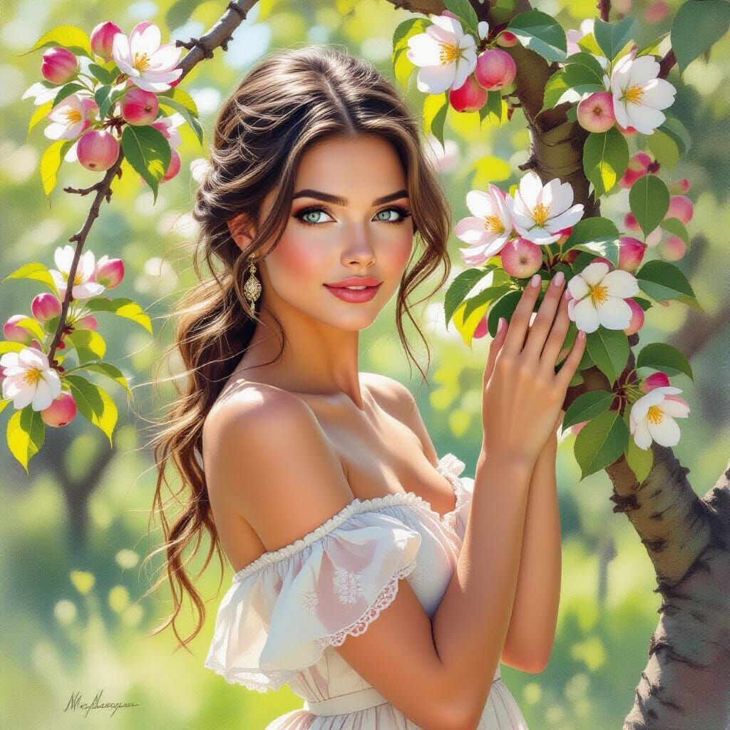 Russian Woman Embraces Blossoming Apple Tree in Sunlit Garde...