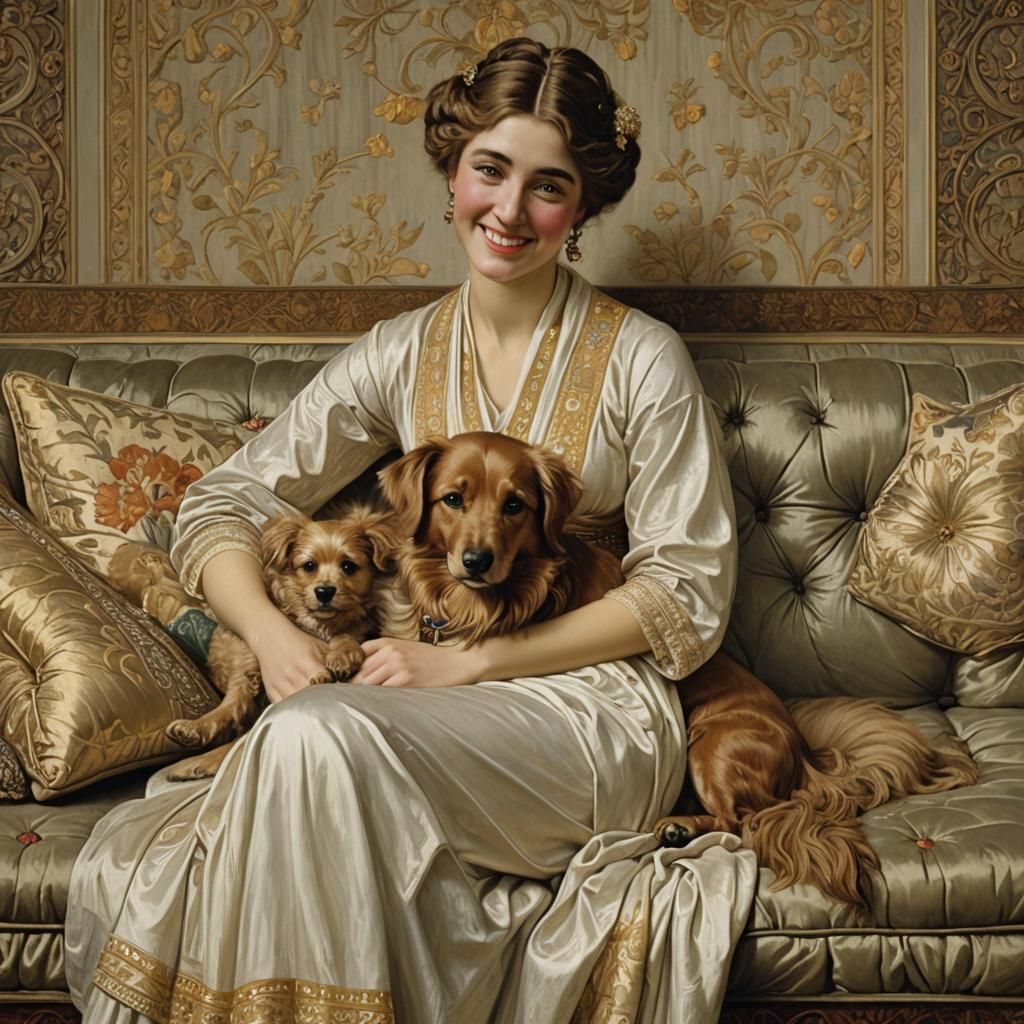 Young Woman with Dog, Detailed Classical Painting