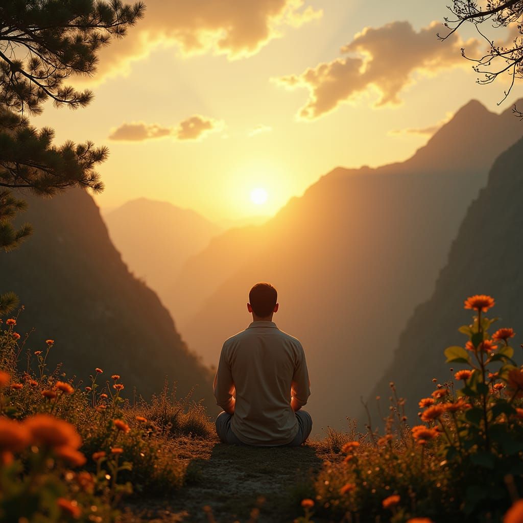 Man Praying at Sunset: Cinematic Film Still