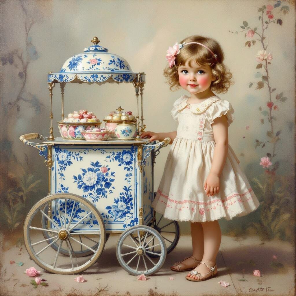 1920s Candy Cart with Girl in Soft Focus Oil Painting