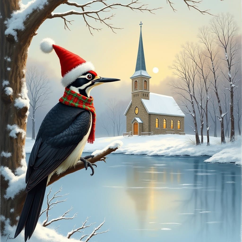Whimsical Woodpecker Santa Surveys Winter Wonderland