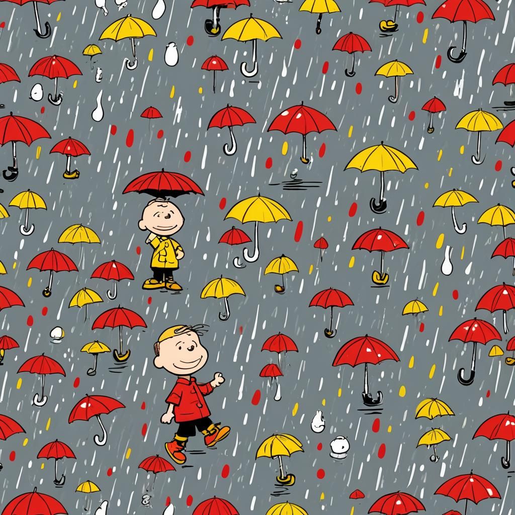 A Peanuts children's TV style cartoon of a boy standing holding a red umbrella over his head