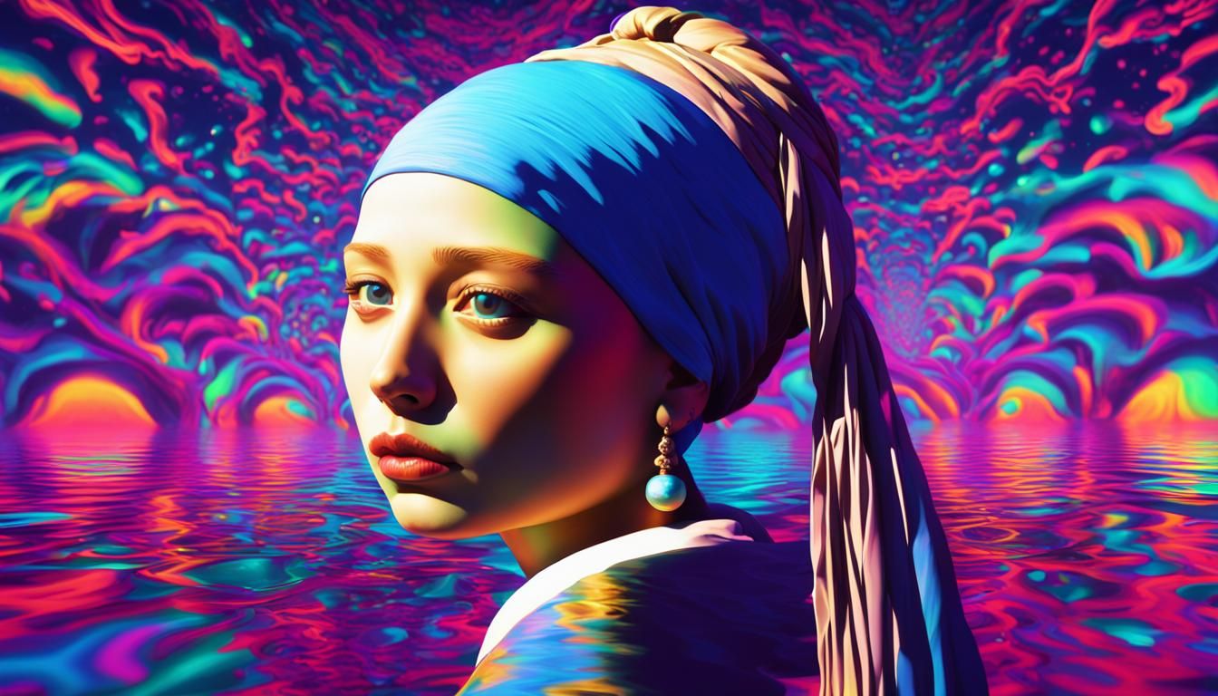 Vaporwave Girl with a Pearl Earring: 3D Render