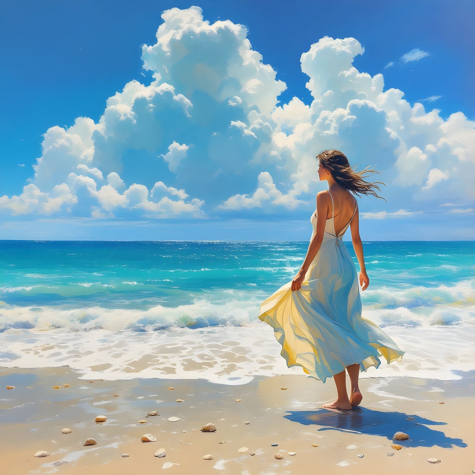 Sunny Beach Scene in Vibrant Impressionist Style