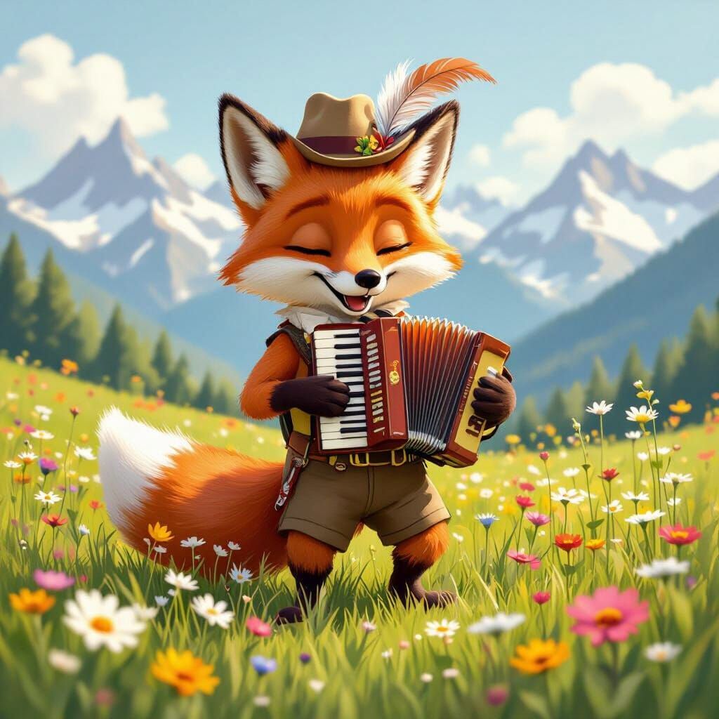 Whimsical Fox Plays Accordion in Sunny Alpine Meadow