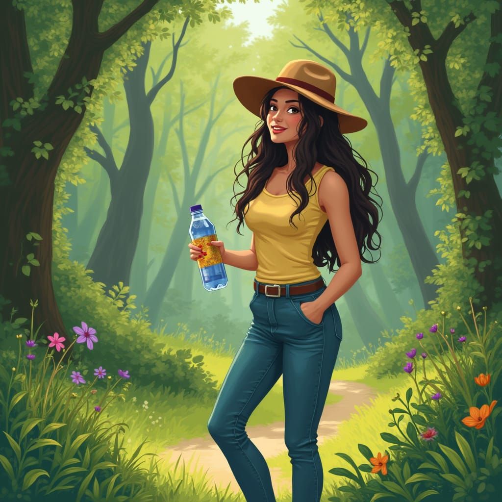Eco-Conscious Woman in Lush Park, Digital Painting