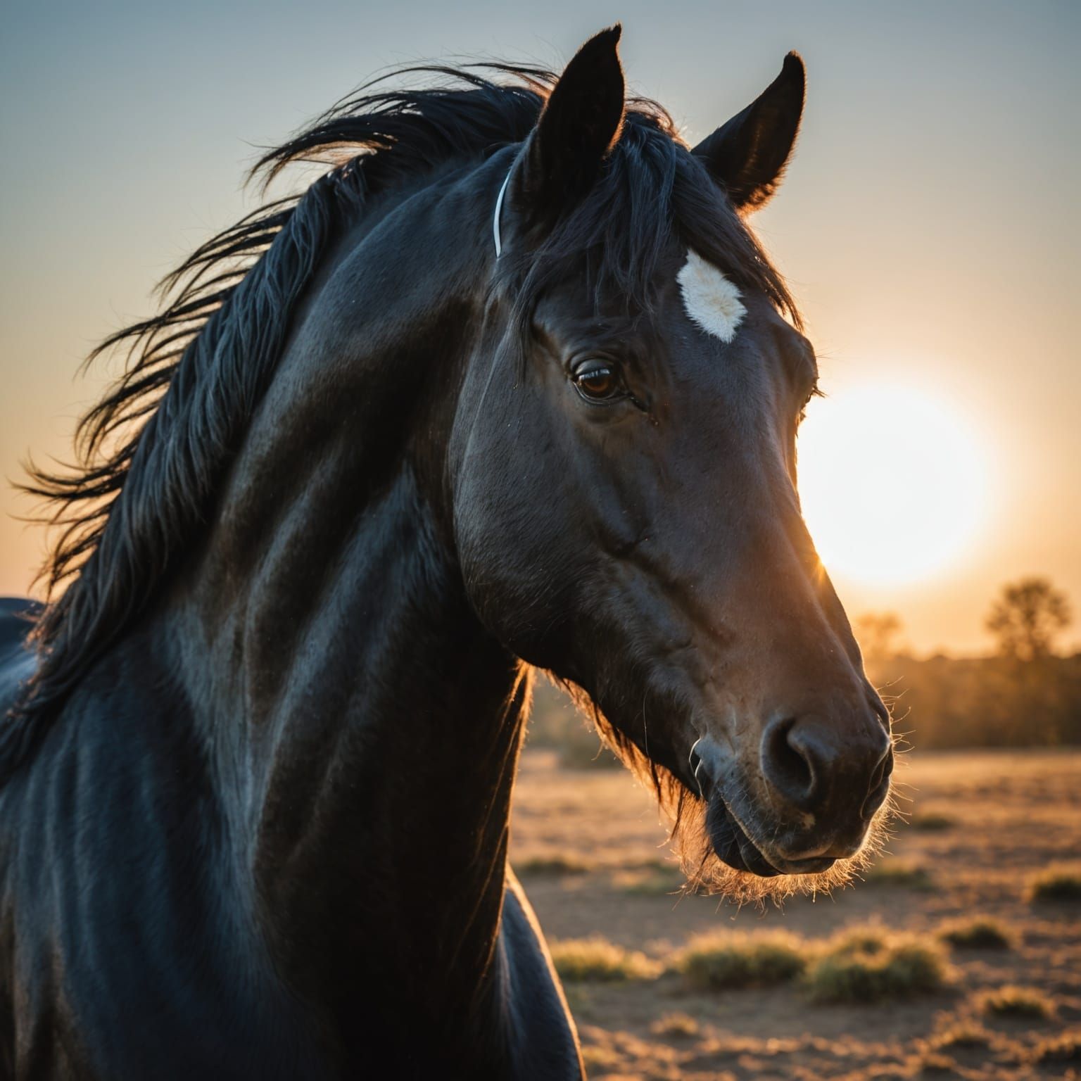 Majestic Black Stallion Portrait in Radiant Sunlight