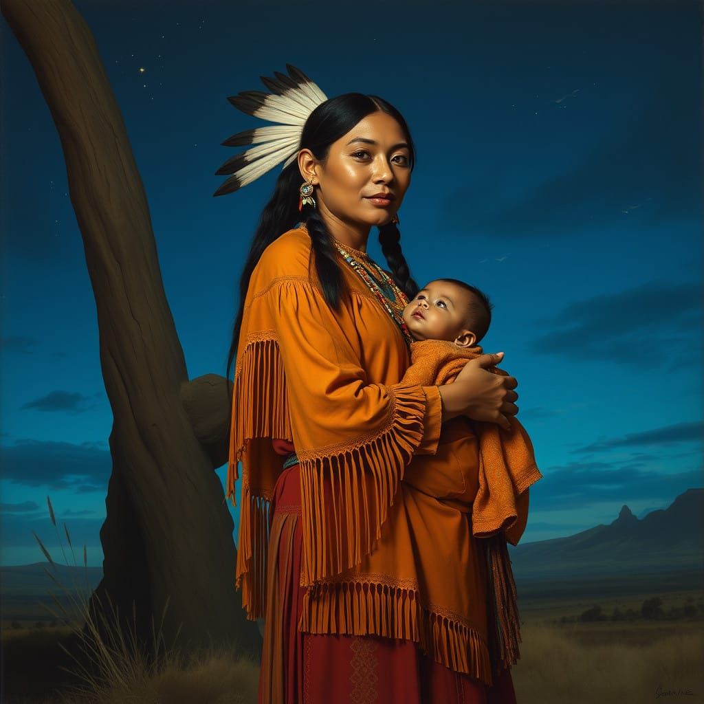 Native American Woman in Traditional Regalia, Desert Landsca...