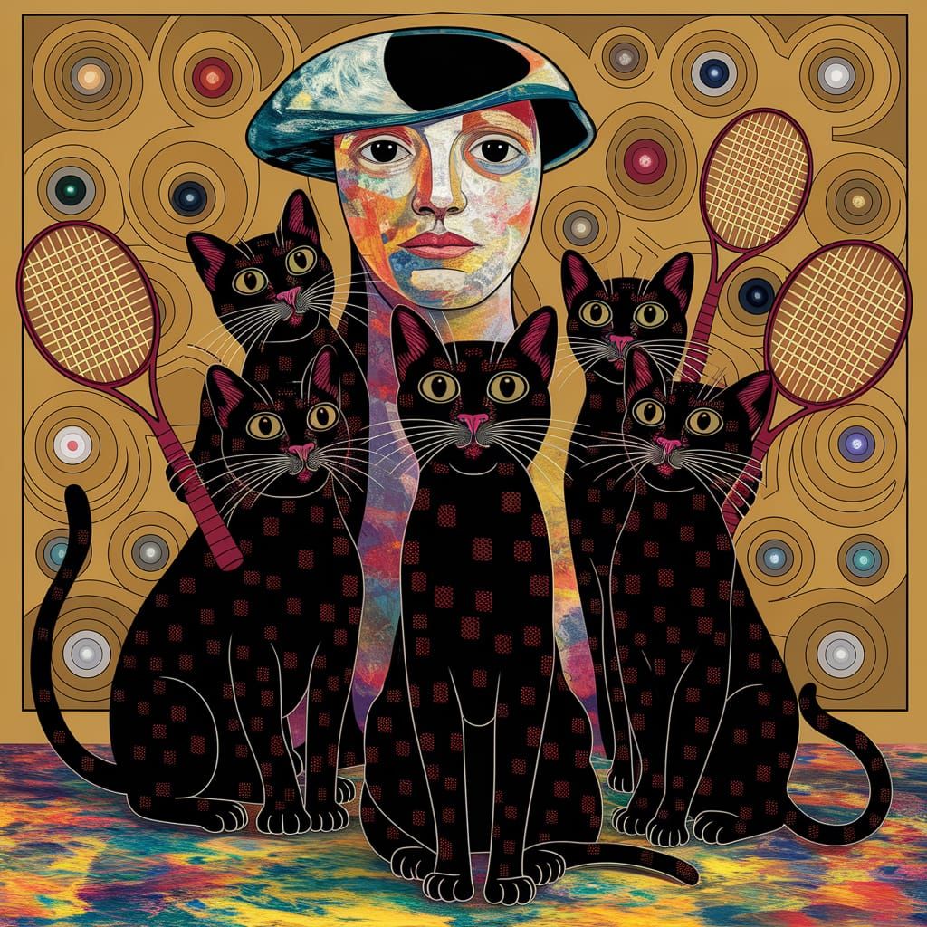 Fierce Felines in Vibrant Gustav Klimt-Inspired Tennis Scene