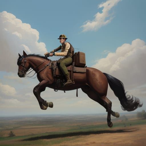 Dieselpunk Flying Horse Soaring Through Clouds