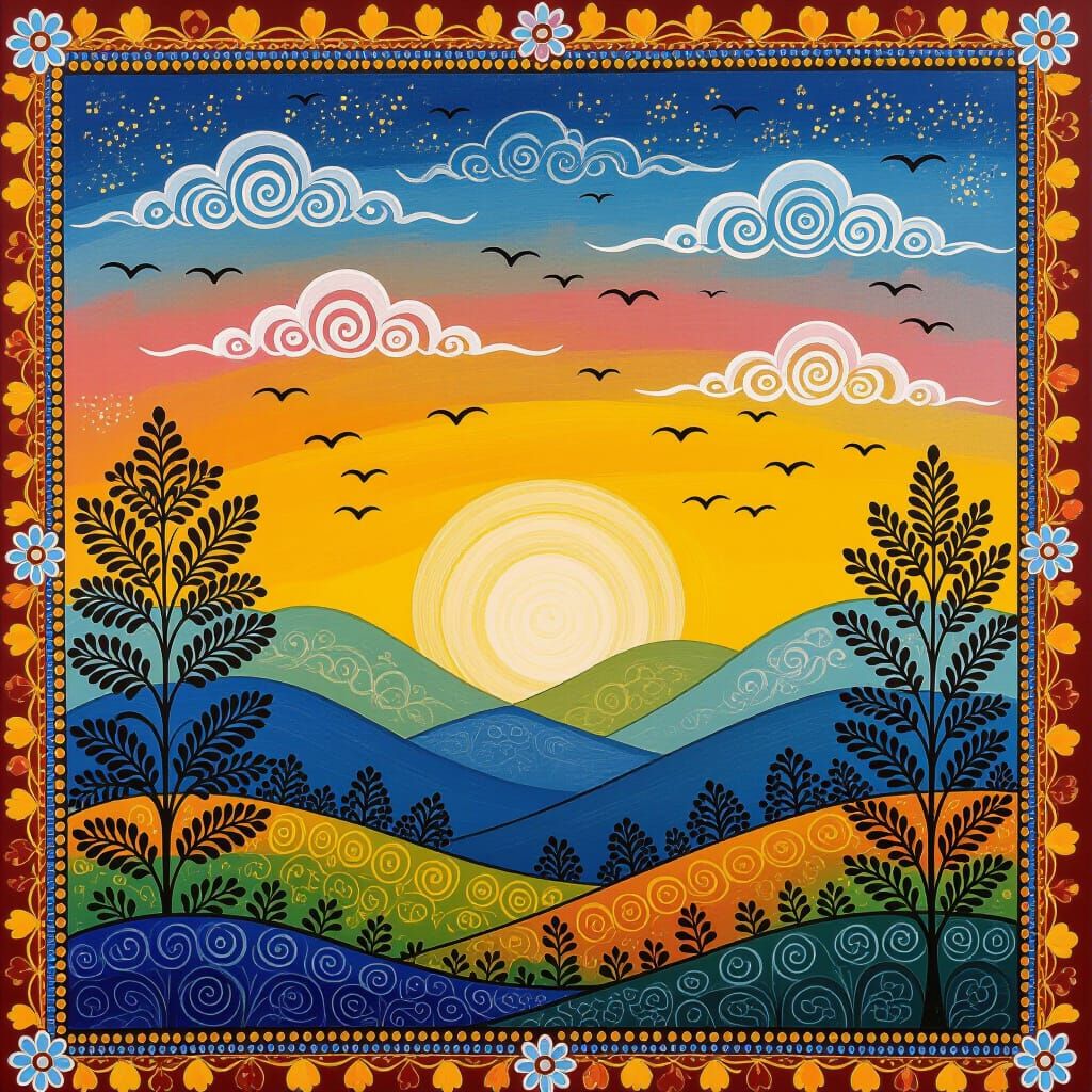 Golden Hour Skies in Madhubani Style