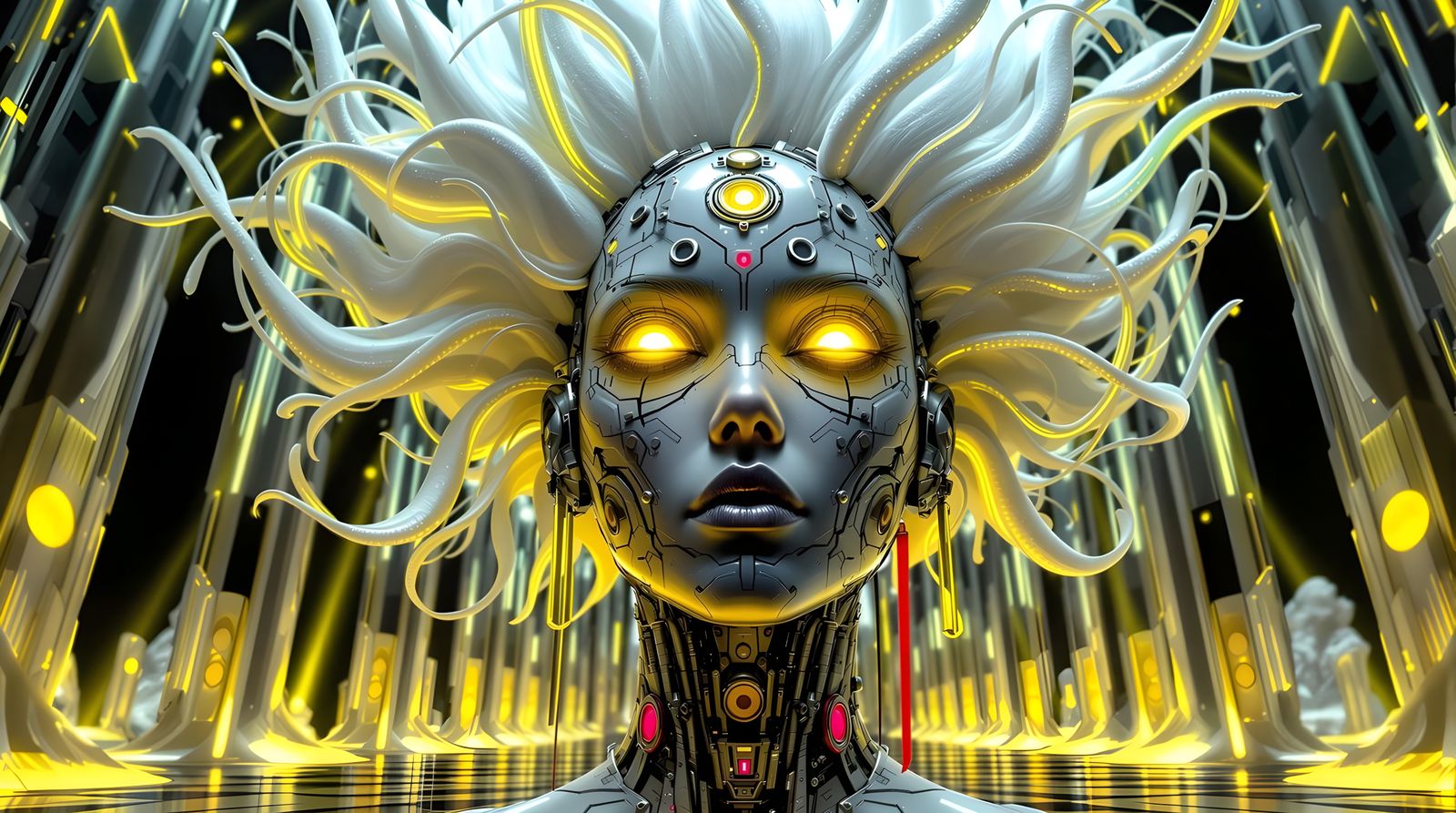 Futuristic Cyborg Queen in a Cyberpunk Great Hall