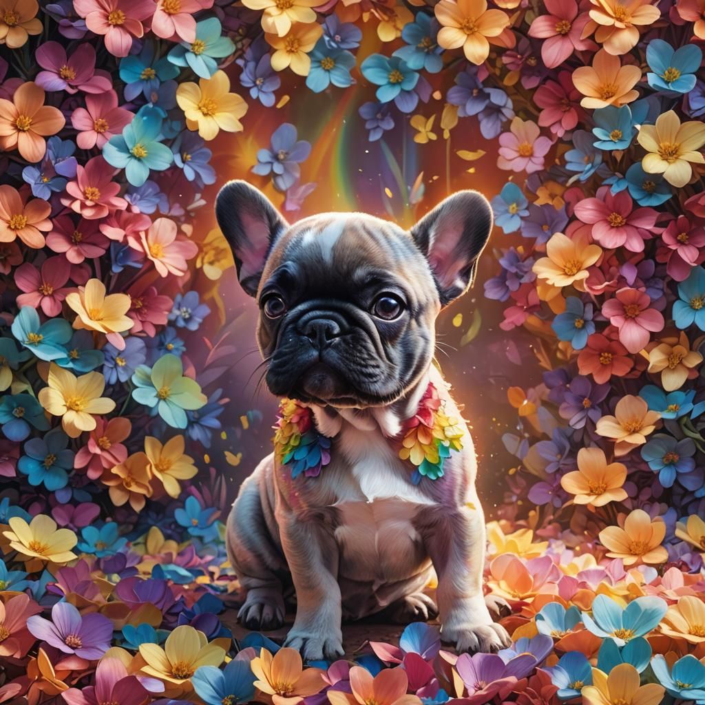 Rainbow Flower on French Bulldog Puppy, Art Nouveau