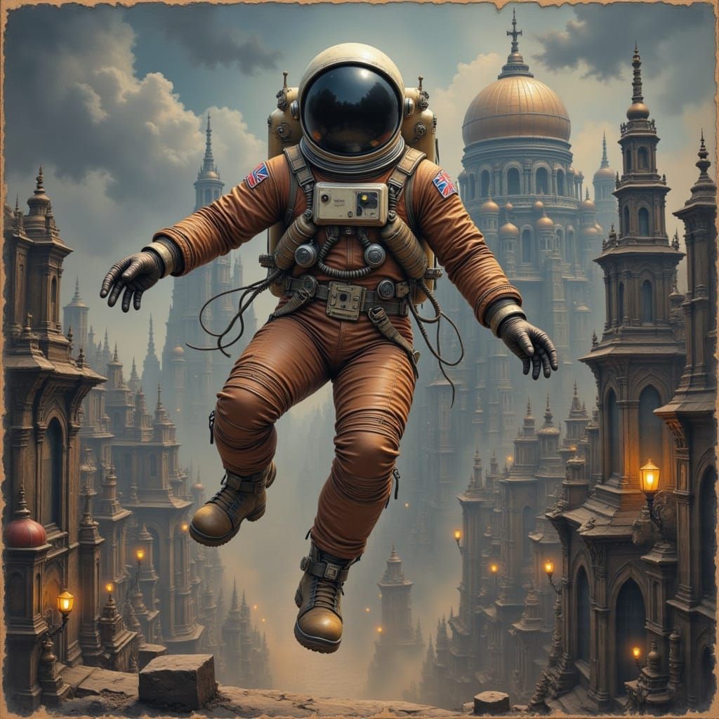 floating steampunk astronaut