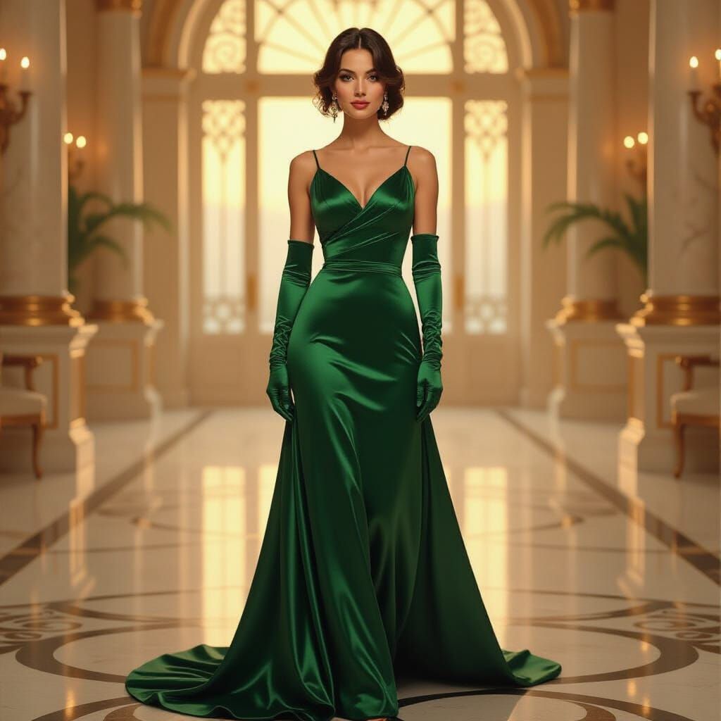 Elegant Woman in Ballroom: Art Nouveau and Futuristic Style