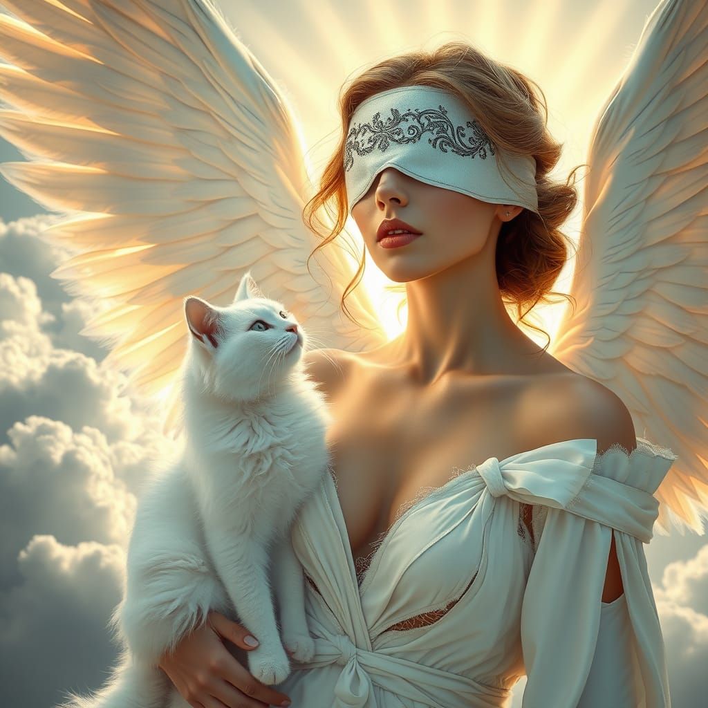 Angel's Ethereal Moment with Faithful Feline Companion