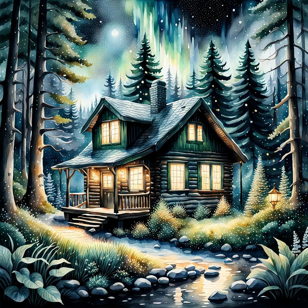 Watercolor Cabin Surrounded by Glowing Lights