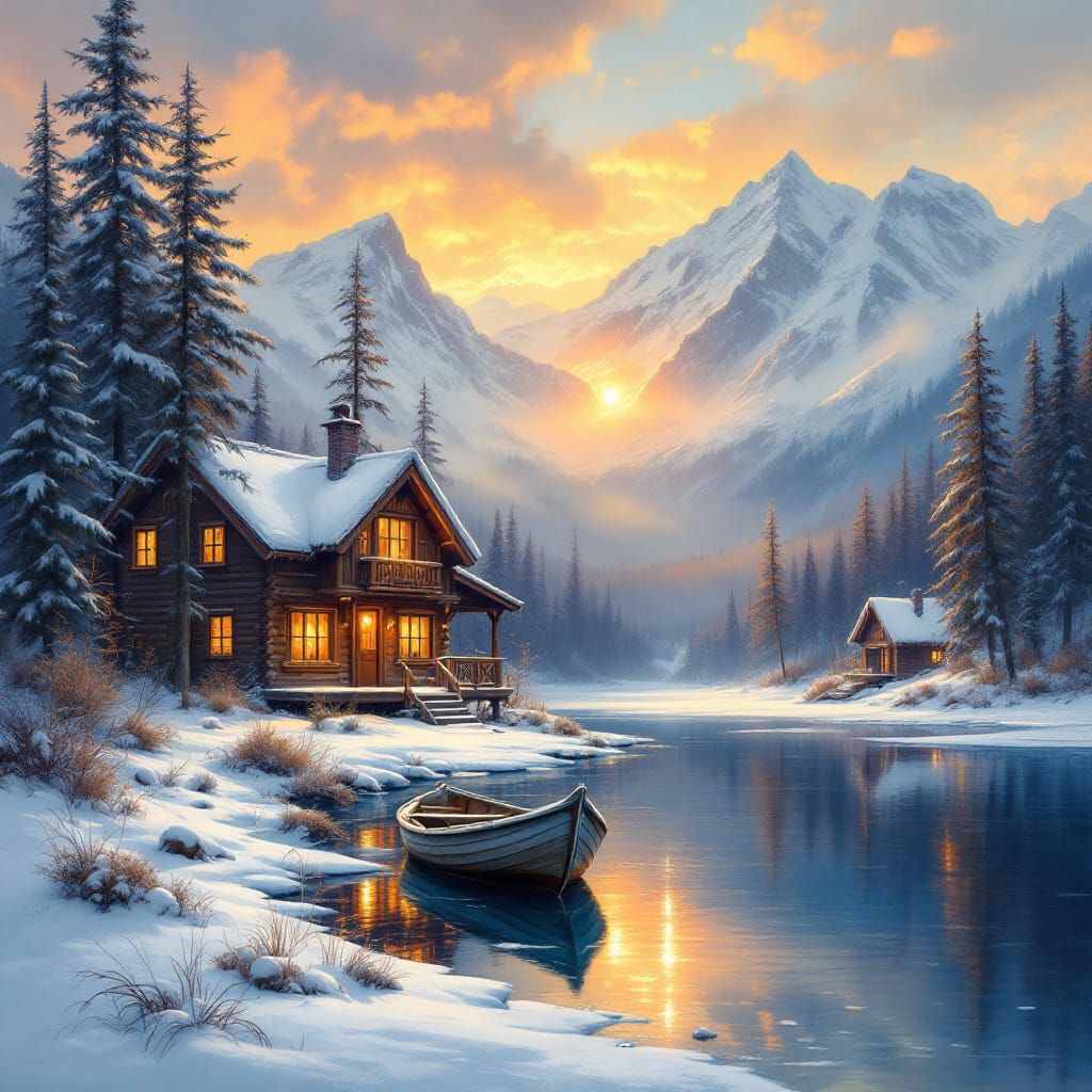 Serene Cabin at Sunset Mirrored on Frozen Lake