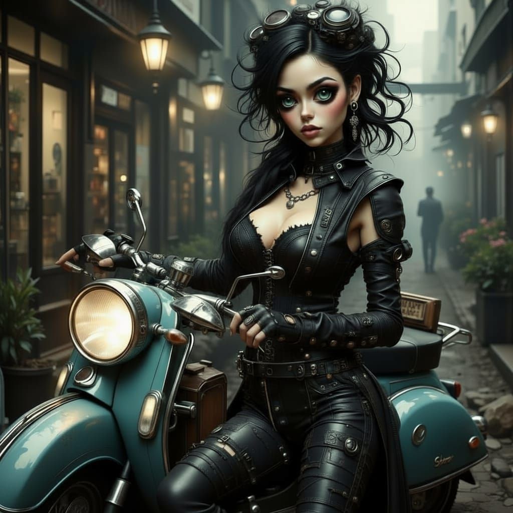Steampunk Lady on Vespa in Moody Cinematic Style