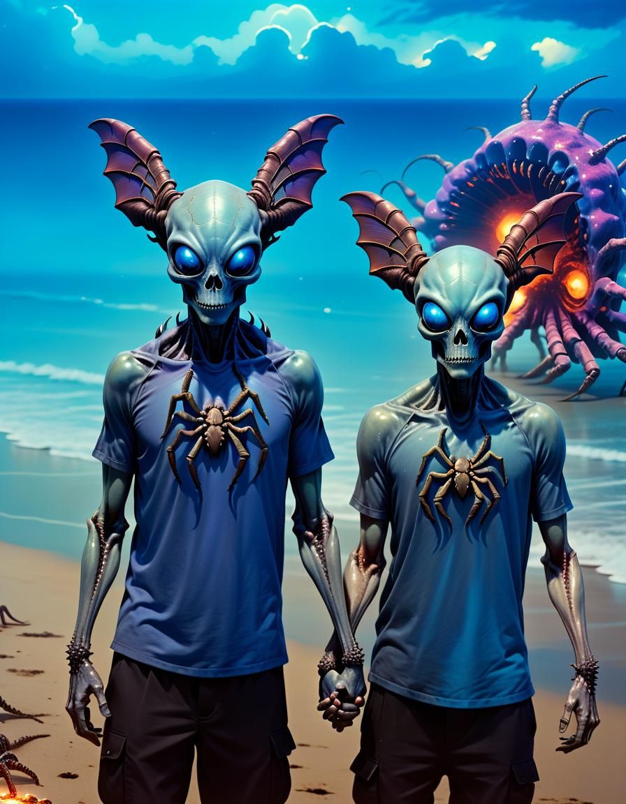 Surrealistic Beach Scene: Aliens, Bioluminescent Clouds, and...