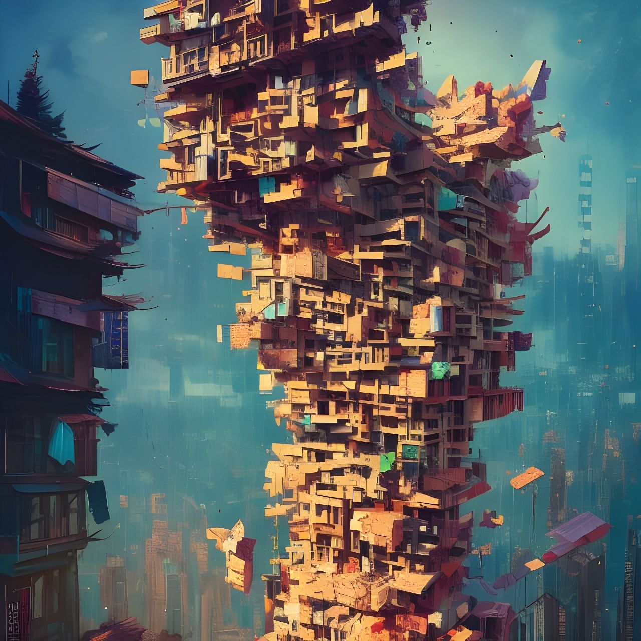 Unstable Jenga Tower in Japanese Art Style